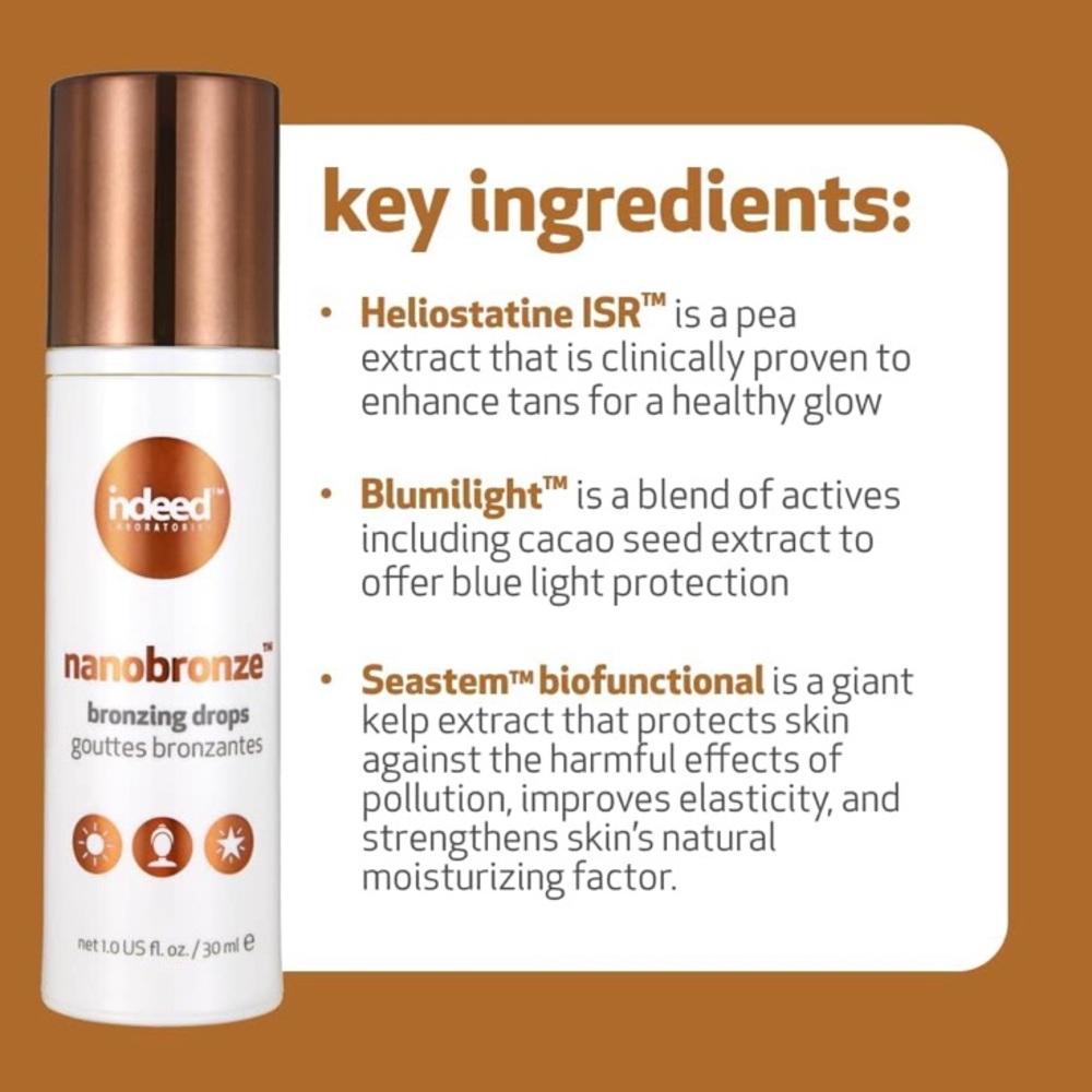 NWT Indeed Nanobronze Bronzing Drops featuring cocoa extract 1 ounce bottle - Picture 2 of 7